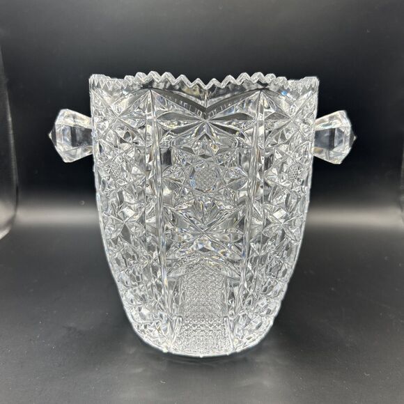 Ice Bucket Crystal Clear Glass w/Saw Tooth Edges & Knob Handles Vintage - Picture 2 of 9